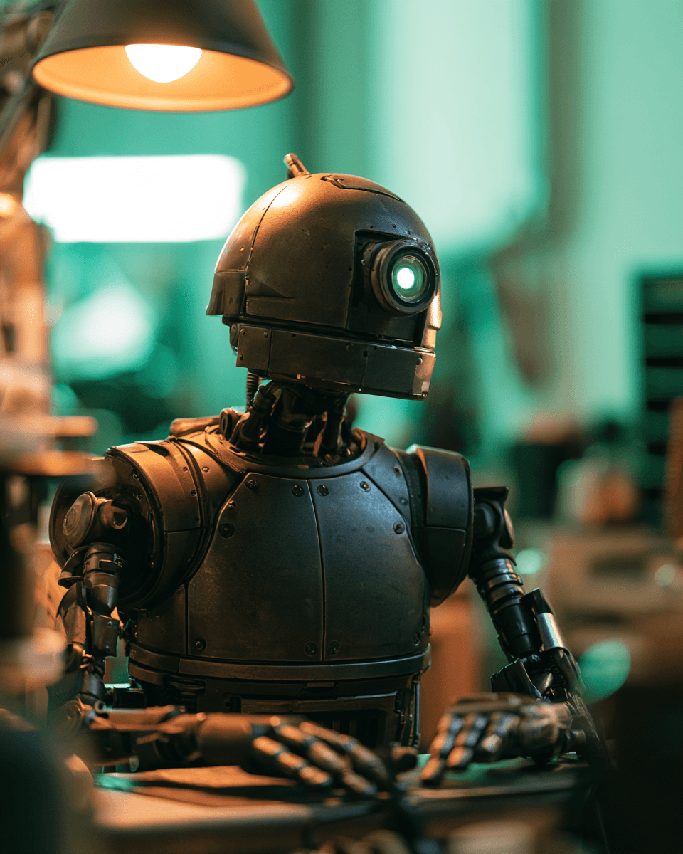A workshop robot at the bench under a warm lamp